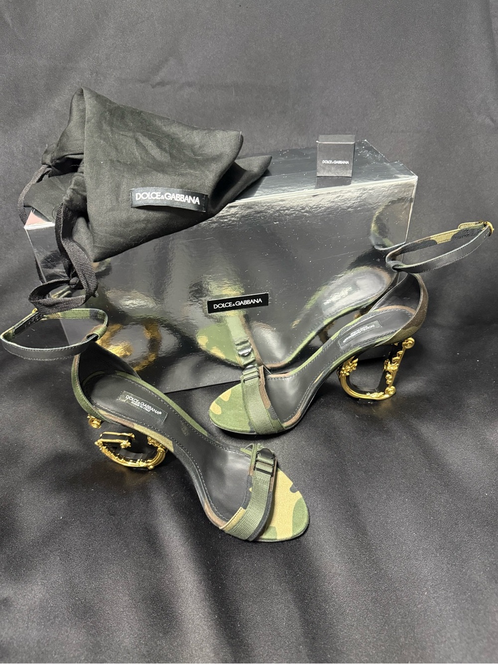 Dolce & Gabbana Keira Camouflage Canvas Gold Baroque DG Heel Sandals 37.5 7.5
